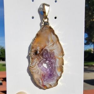 NEW 1.55" x 0.84" GOLD PLATED COPPER AGATE AMETHYST PENDANT